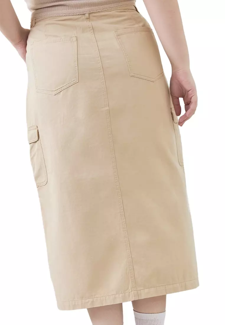 Mid Waist Cargo Midi Skirt With Front Slit
