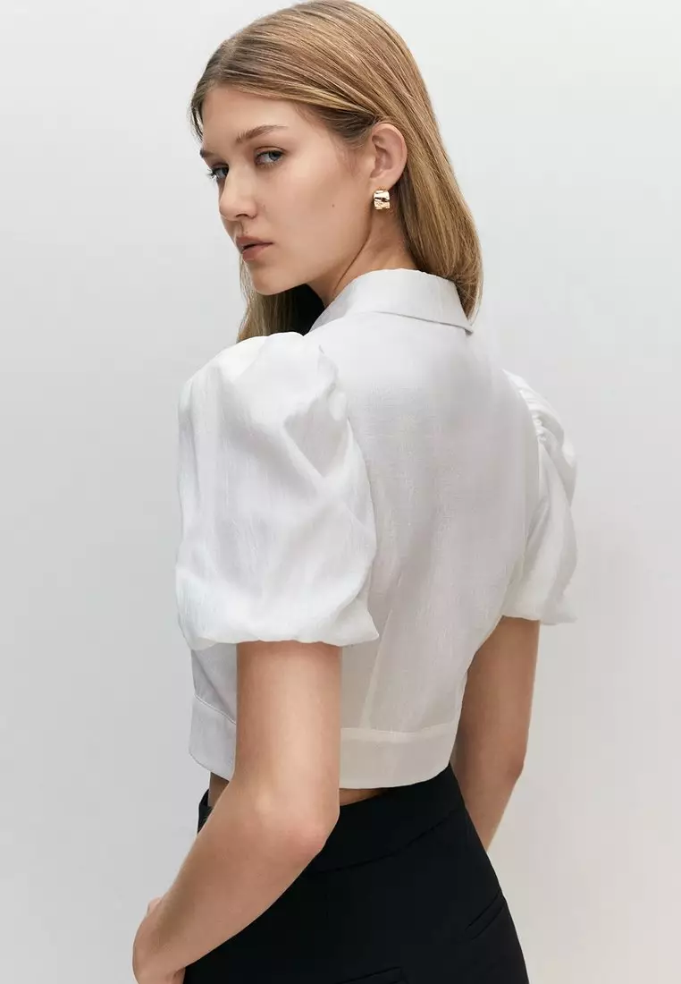 Puffed Sleeve Pearl Button Blouse - White