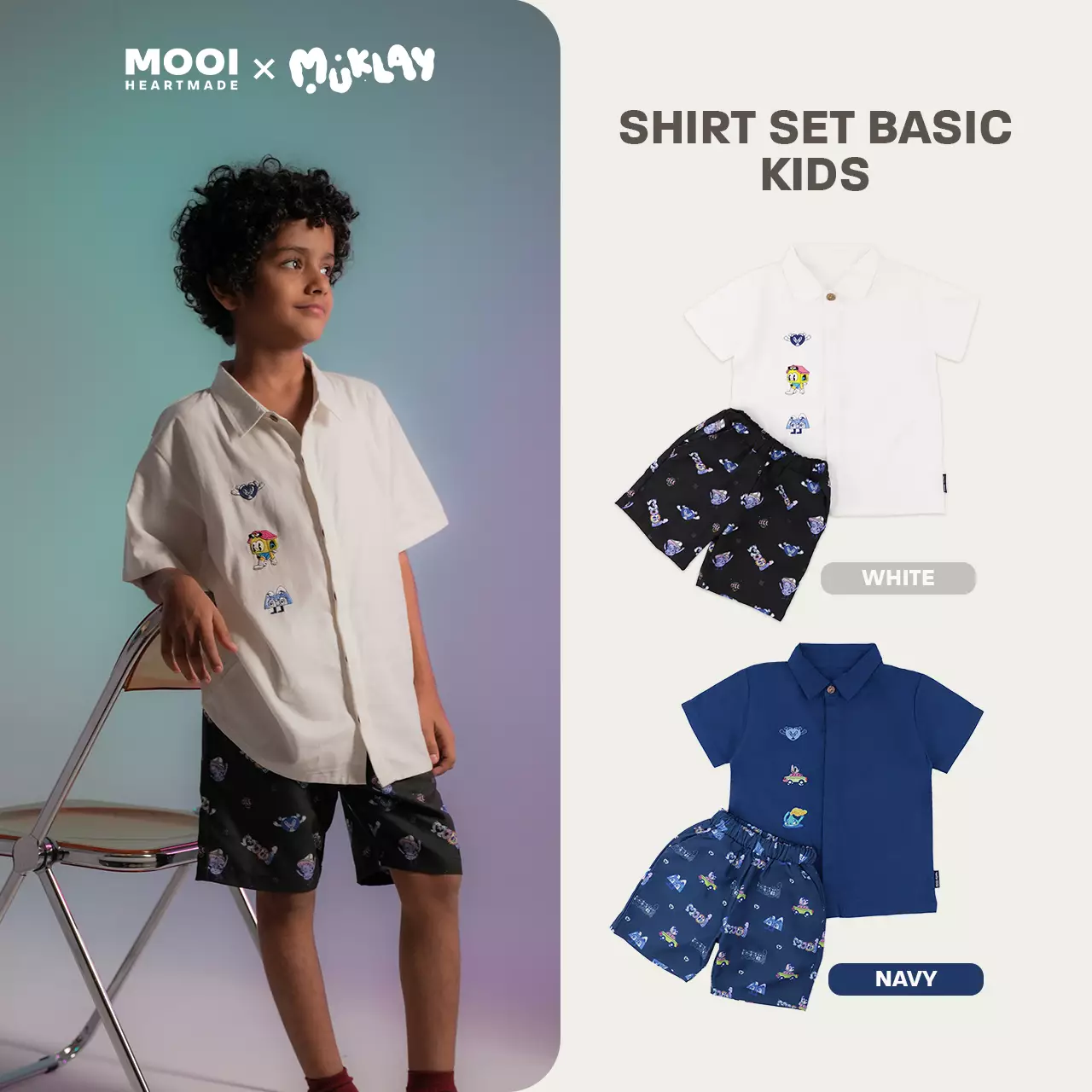 Mooi X Muklay Setelan Anak Laki-laki Kemeja Anak Basic Shirt Set - White