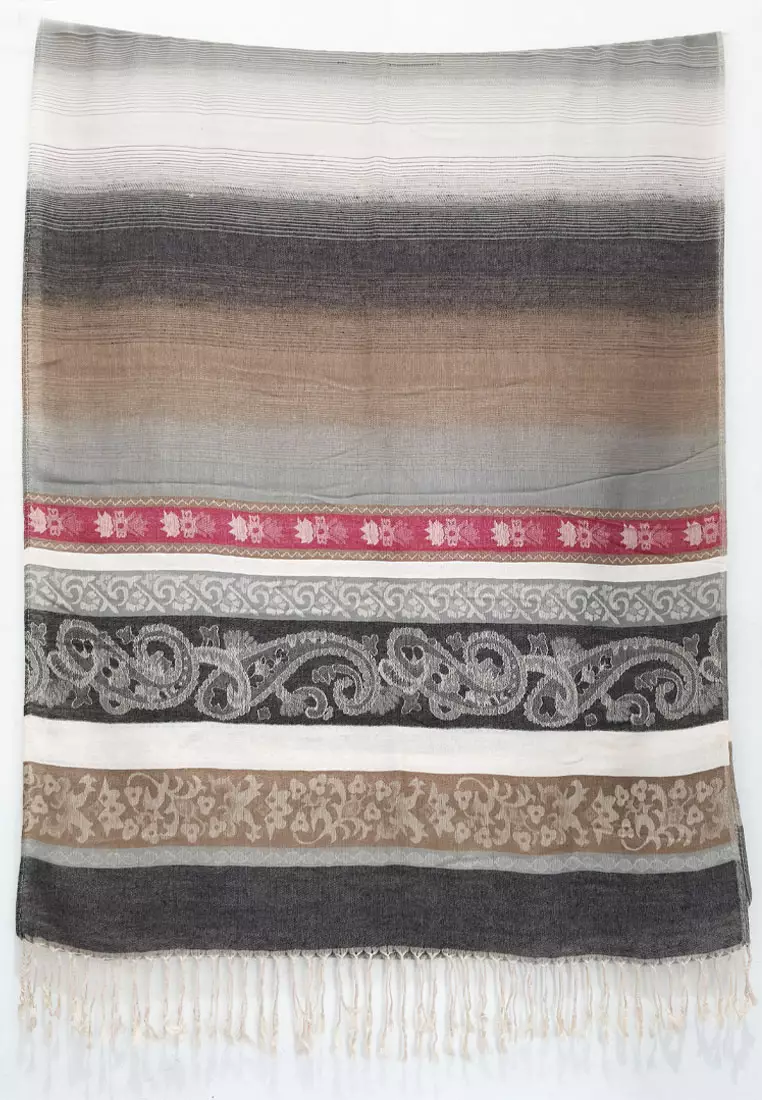 AAksesoris Wanita Reversible Viscose Multicolour Vintage Pattern Pashmina Shawl Smokey Sandstone