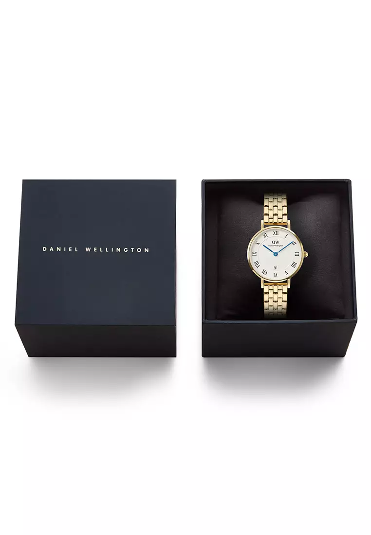 Petite 28mm Roman Numerals Date 5-Link White Gold Women Watch stainless steel watch DW Official Authentic Original