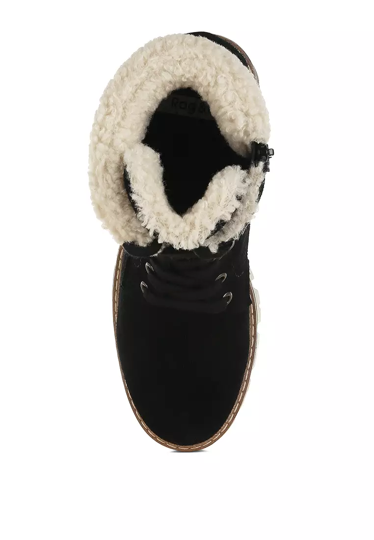 Fur Collar Chunky Ankle Boots in Black