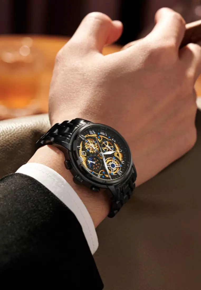 Skeleton Unisex IP Black Stainless Steel Chronograph Quartz watch 42mm on IP Black Steel Bracelet