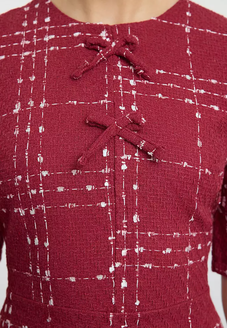 Burgundy Plaid A-Line Bow Detailed Mini Woven Tweed Dress TWOAW25EL00186