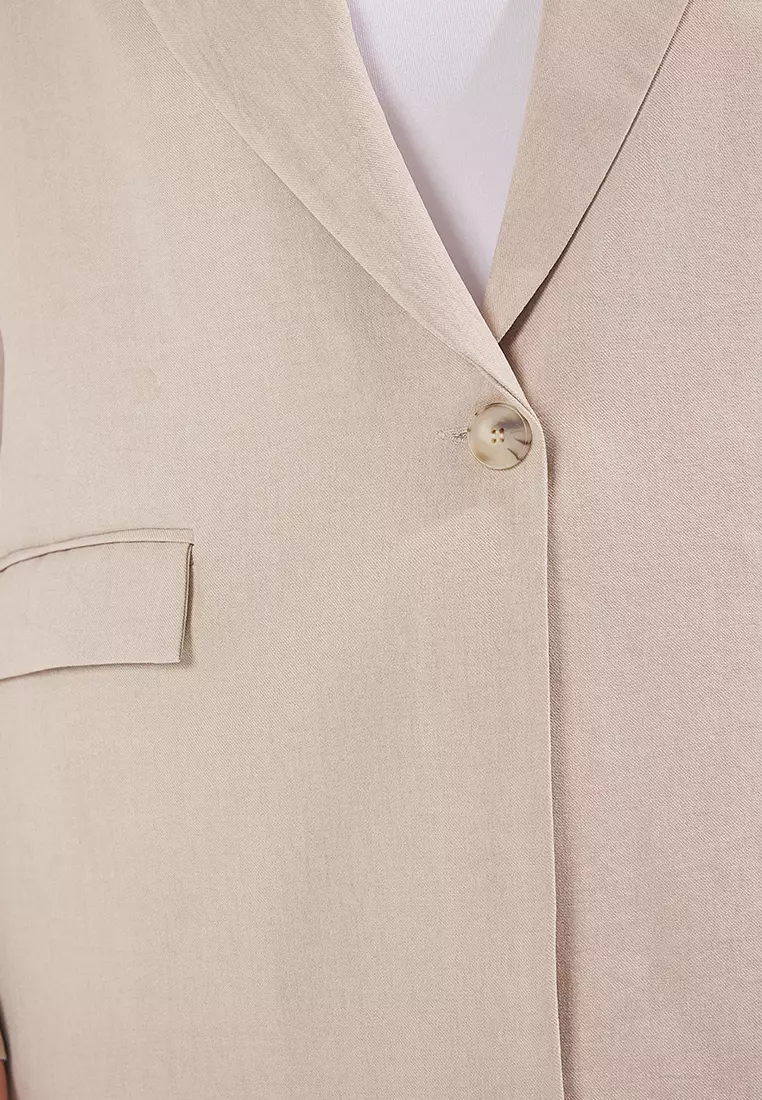 Beige Linen Look Woven Plus Size Jacket TBBSS25AG00010