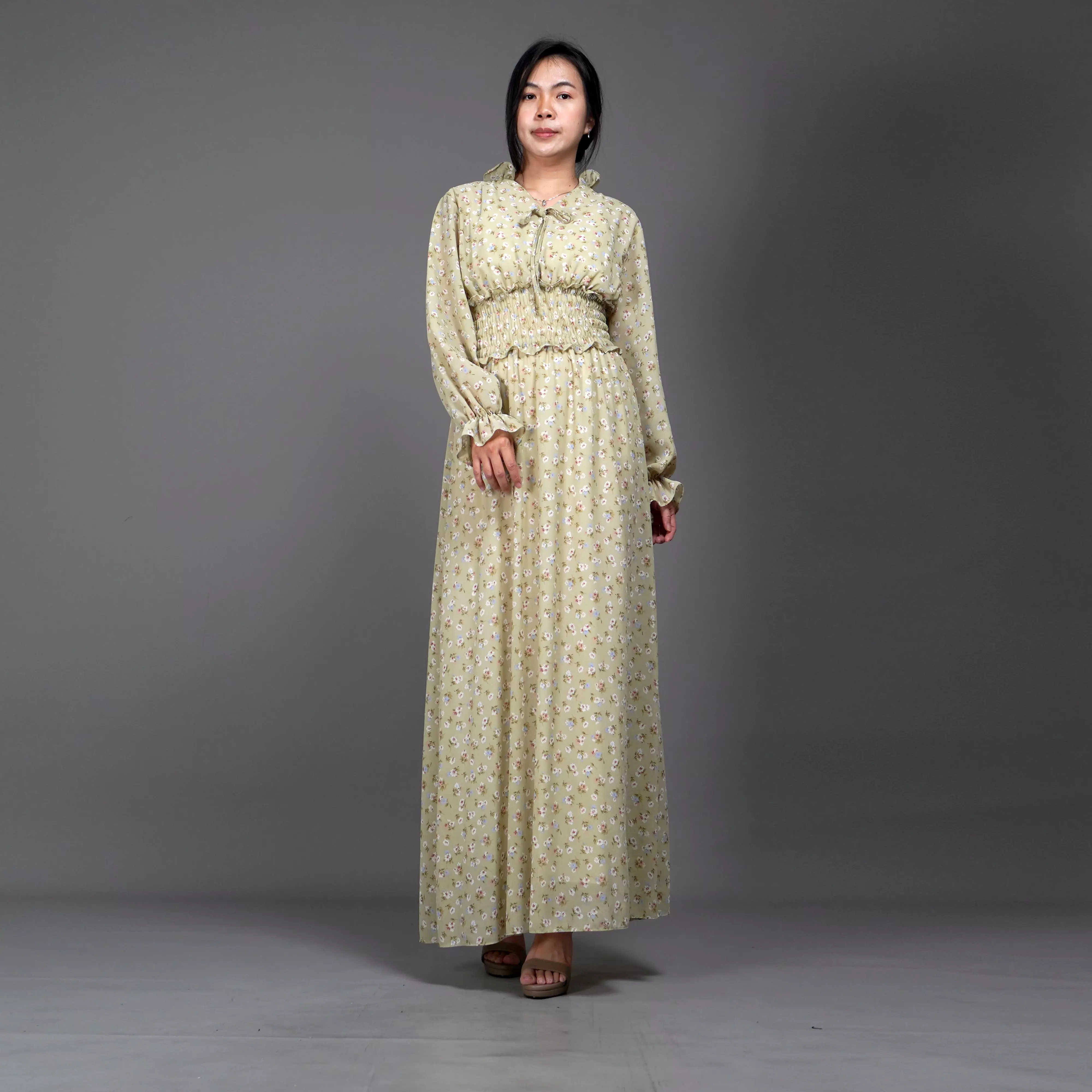  Dress SHALMA Long Dress Sifon Gaun Panjang Gaya Korea - Hijau