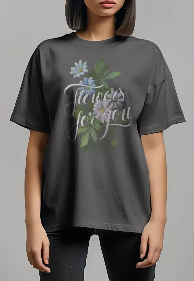 LTG96 Kaos Oversize Wanita Washing Effect "three flowers" abu tua