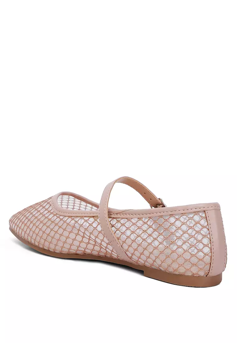 Mesh Mary Jane Flats in Camel