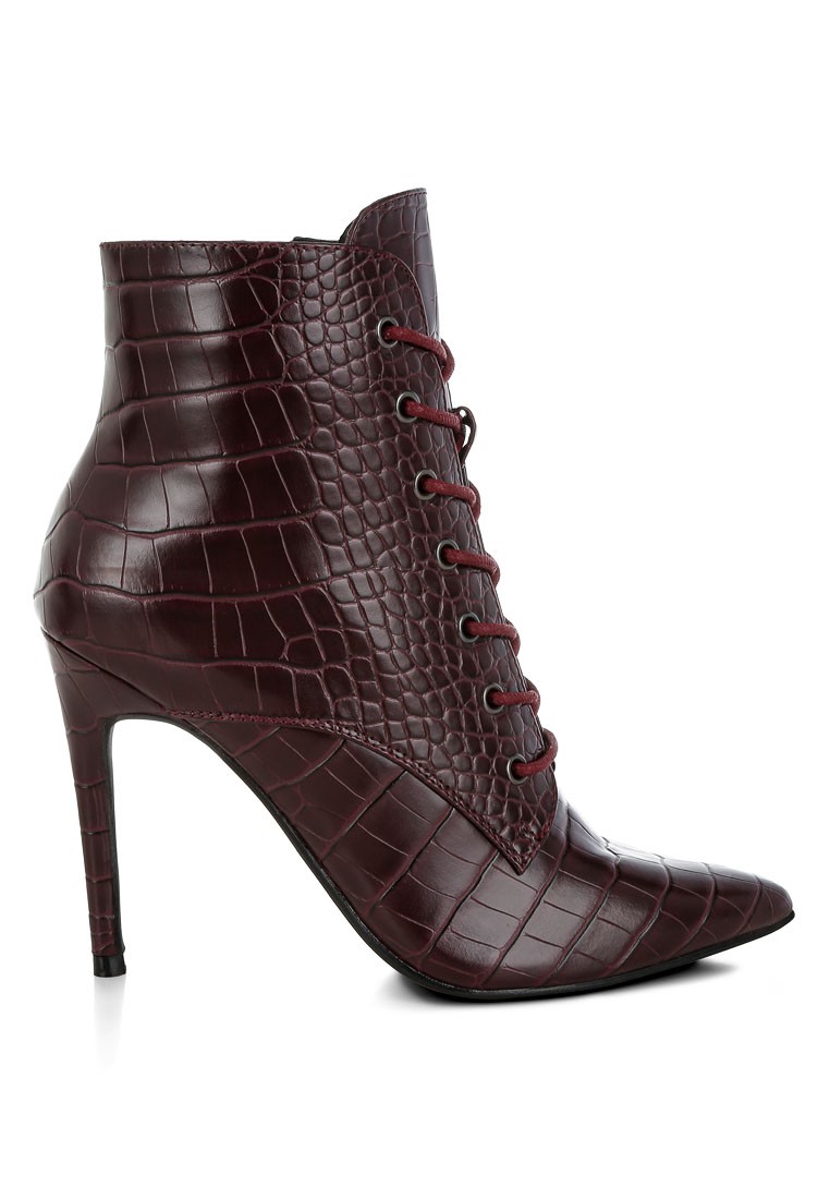 Croc Lace-Up Stiletto Boot in Burgundy