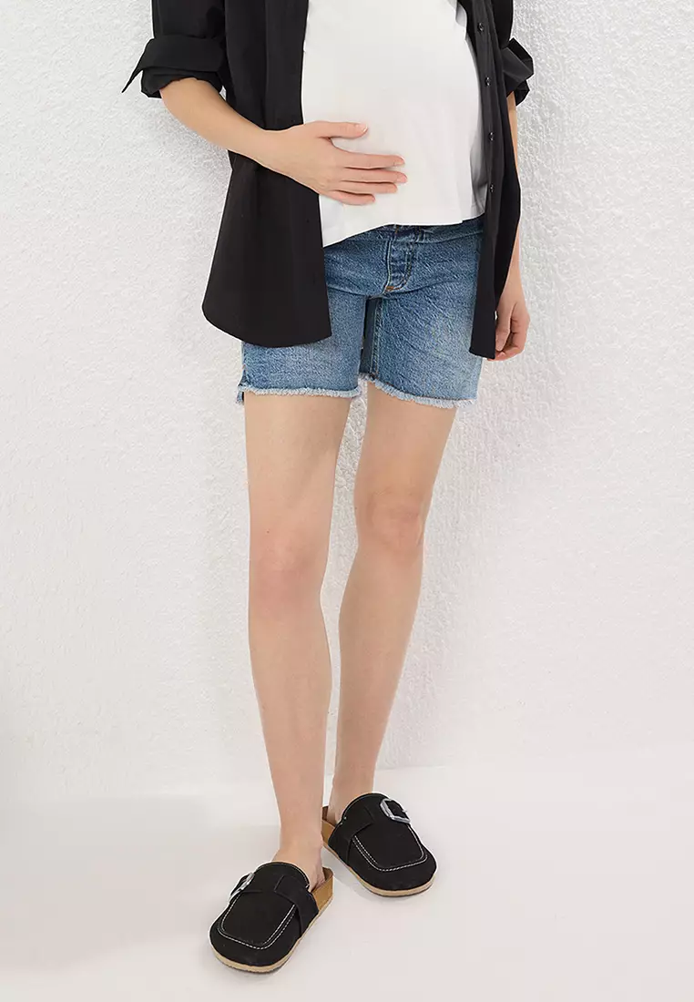 Blue Side Elastic Maternity Denim Shorts TBBSS25AP00029