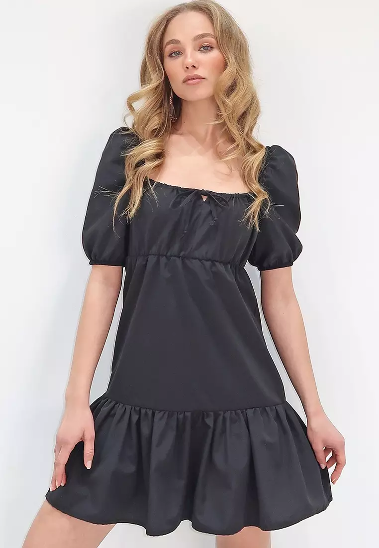 Women's Black Square Neck Balloon Sleeve Poplin Mini Dress Alc-X13594