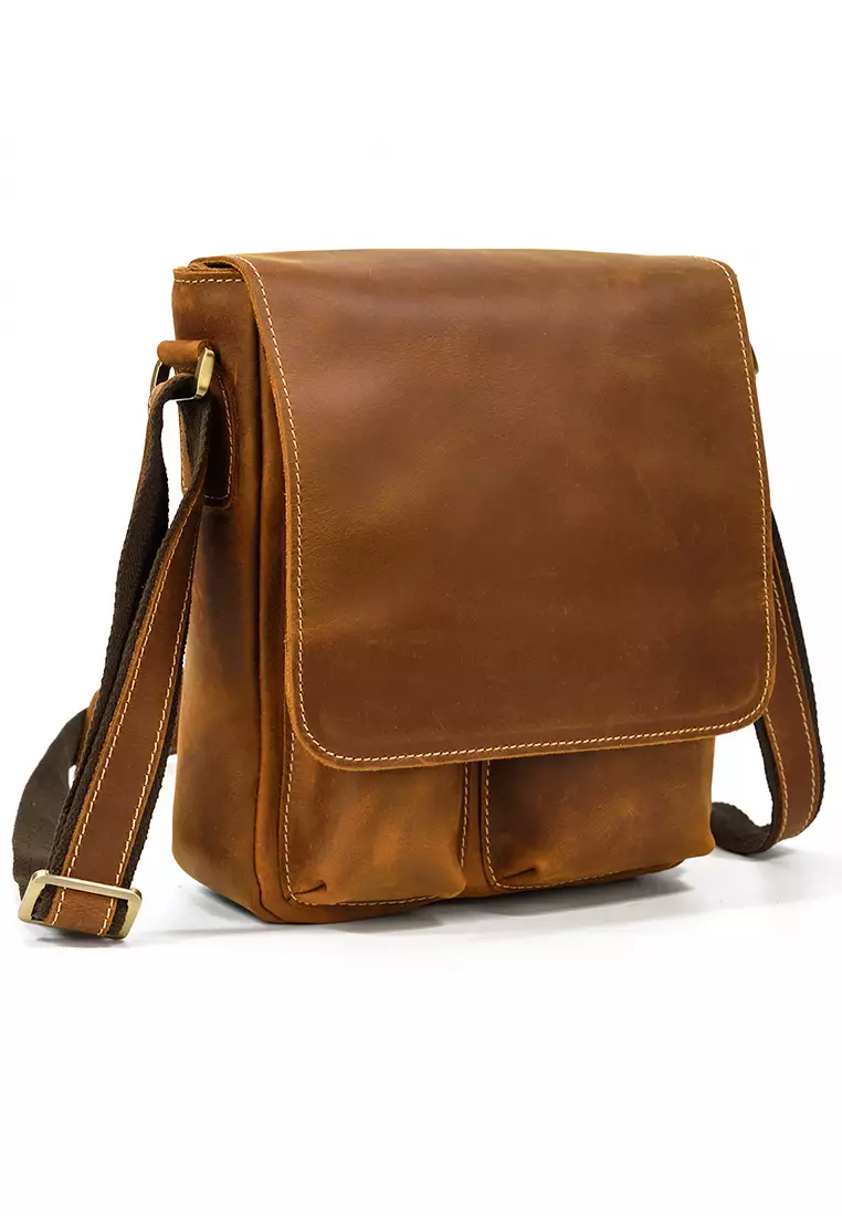 Buy Lara Men's Magnetic Snap Flap Cowhide Leather Shoulder Bag ...