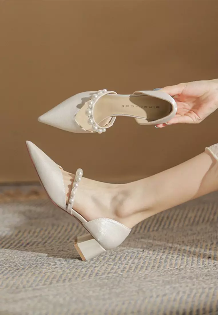 5CM Beaded Satin Mid Heels IF55805