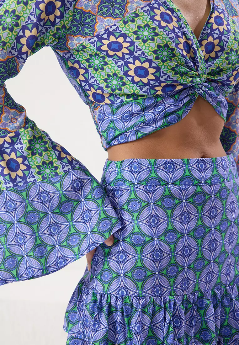 Ethnic Patterned Flounce Blouse Skirt Beach Suit TBESS25AU00031