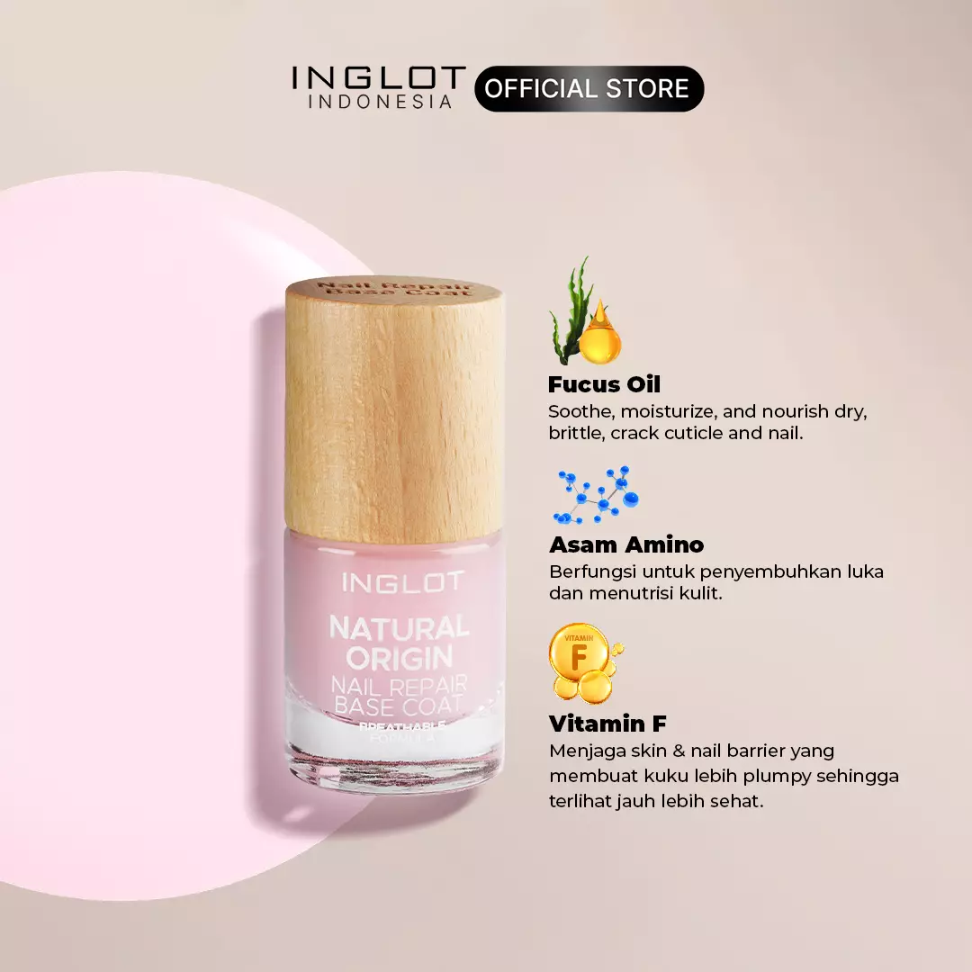INGLOT Natural Origin Nail Repair Base Coat 8ml - Nail Treatment, Breathable, Transparan, Bening, Kutek Halal, Perawatan Kuku Halal