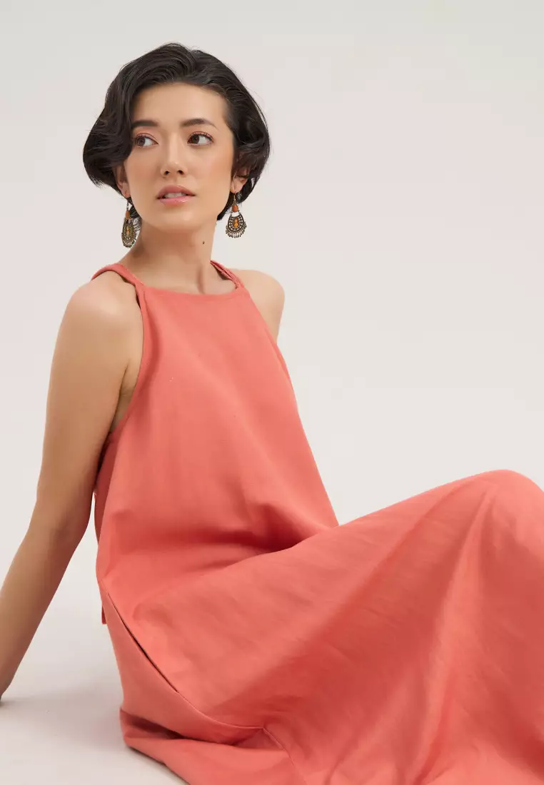 Coral Linen Midi Dress
