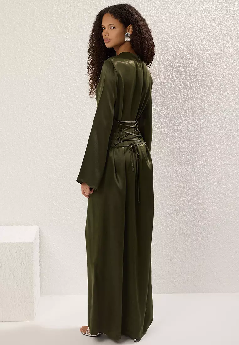Khaki Brit Detailed Woven Satin Evening Dress Tctss25Db00001