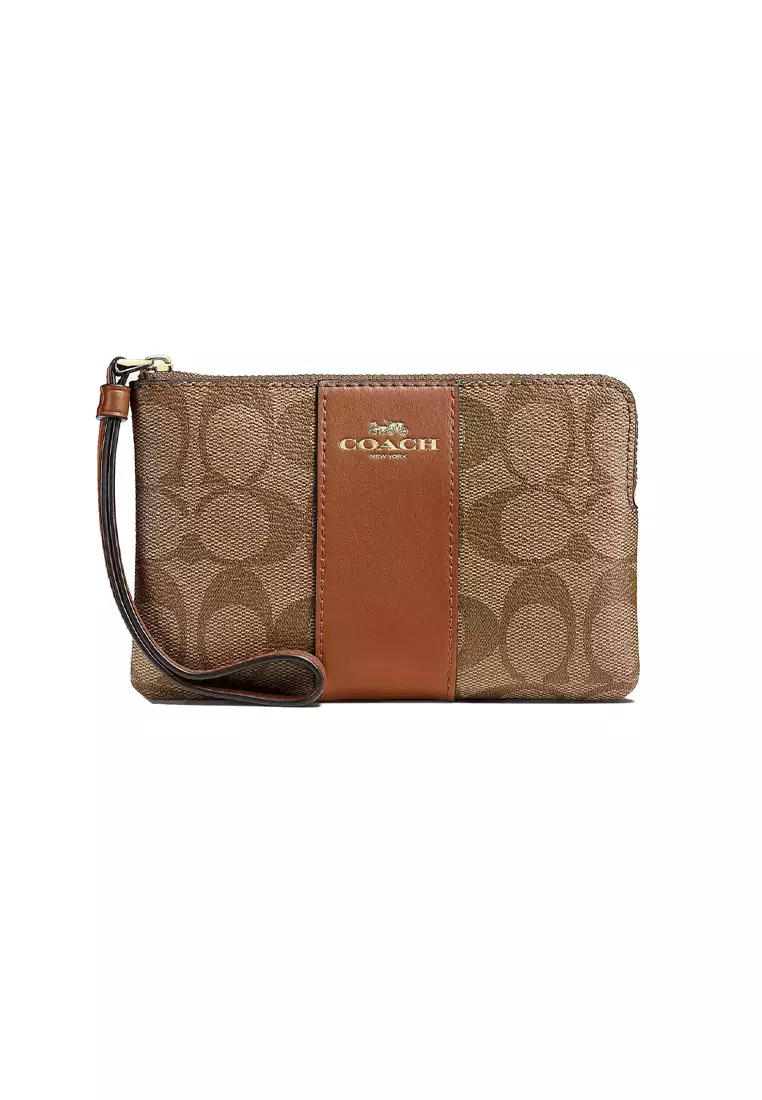 網上選購 Coach COACH Corner Zip Wristlet In Signature Canvas Khaki/Saddle ...