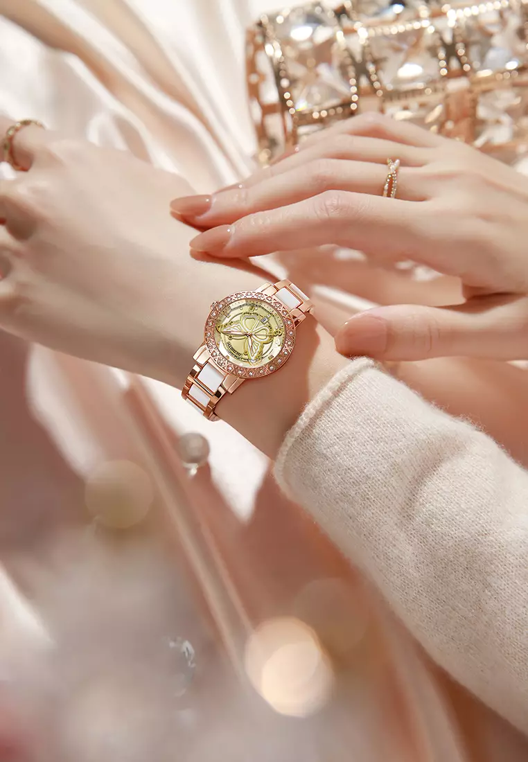 Jam Tangan Wanita Desain Kupu-Kupu Berlian Kristal Kalender Tali Stainless Steel Ceramic Anti Air Warna rosegreen