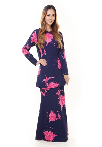 Rina Printed Kurung Navy Pink Flower from Rina Nichie Couture in Blue