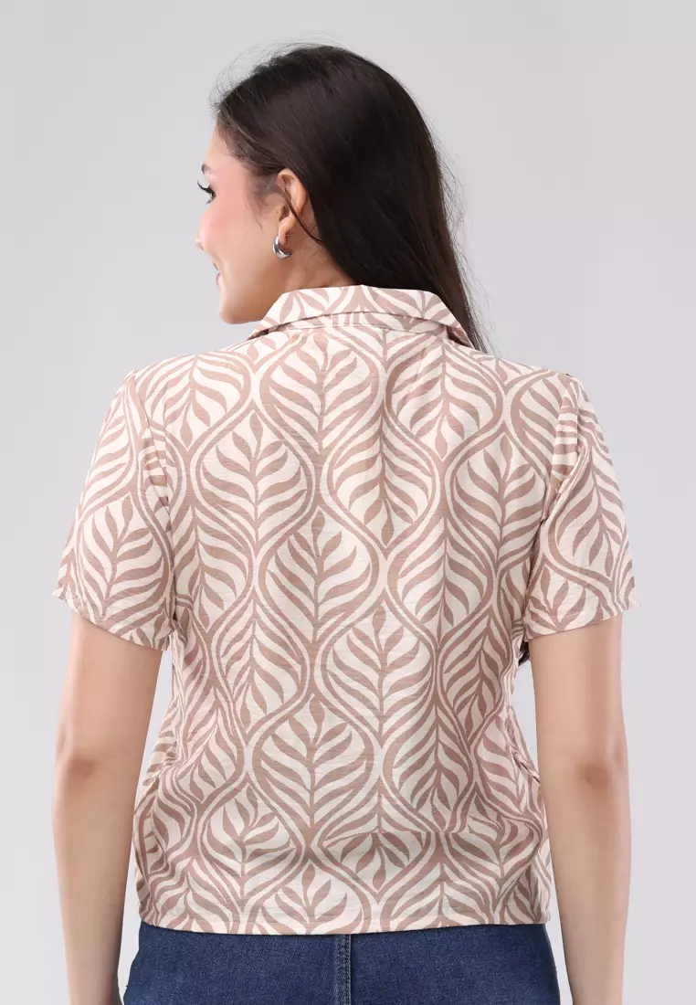 Printed Cotton Slub Woven Short Sleeves Blouse