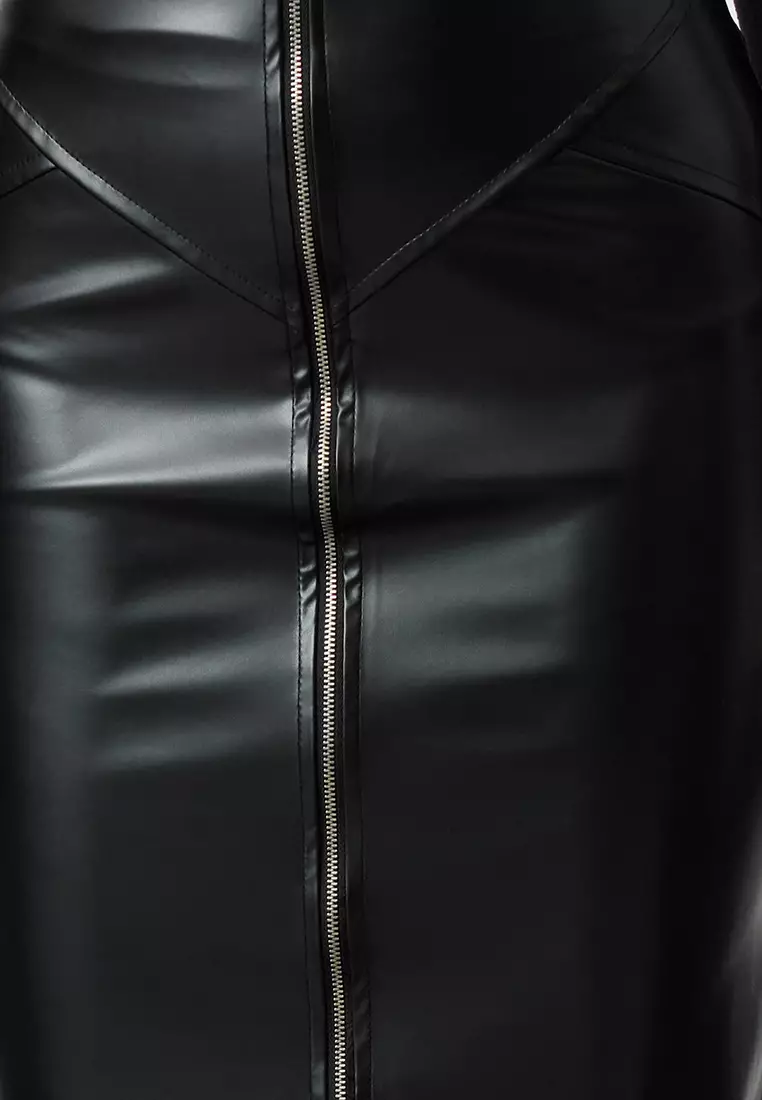 Black Zipper Detail Midi Faux Leather Skirt