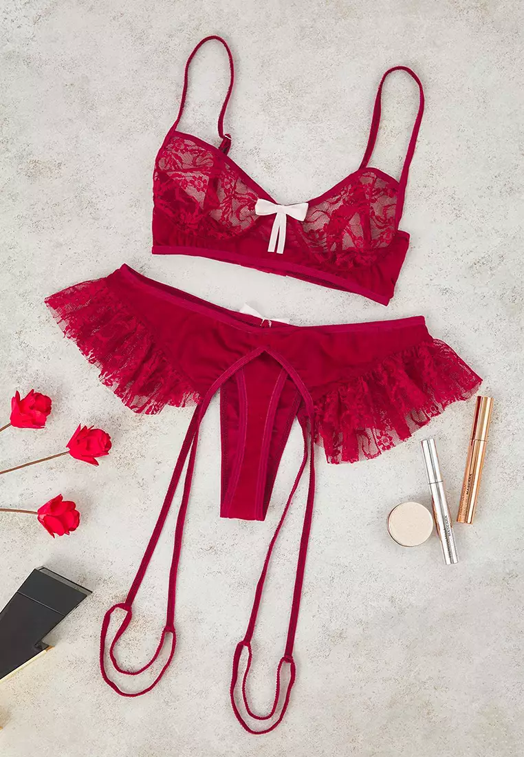 Burgundy Ribbon Detailed Leg Banded Ruffle Coverless Lace Fantasy Lingerie Set