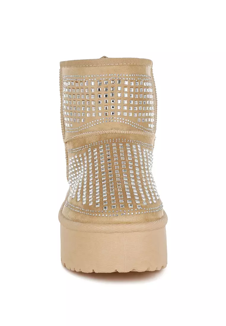 Chunky Rhinestones Ankle Boots in Beige