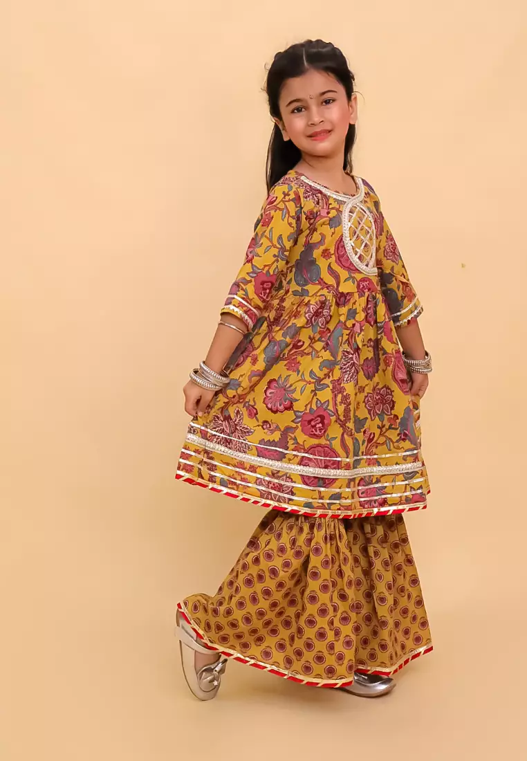 The Mom Store Peele Phool Block Print Girls Anarkali Sharara Set - Multi