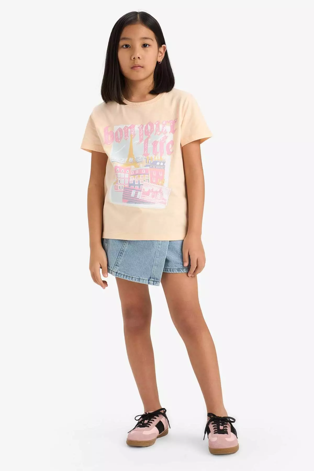 Girl's Crew Neck Anime Printed Short Sleeve T-Shirt E0350A825Sm