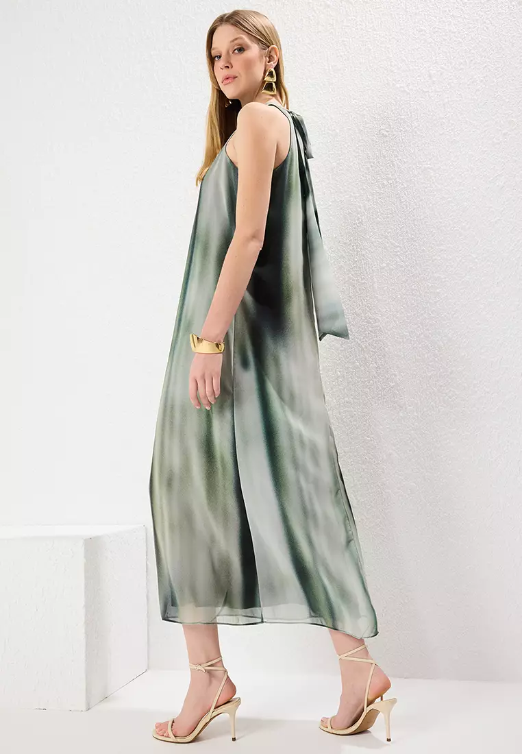 Green Abstract Patterned Straight Cut Tie Detail Maxi Woven Dress