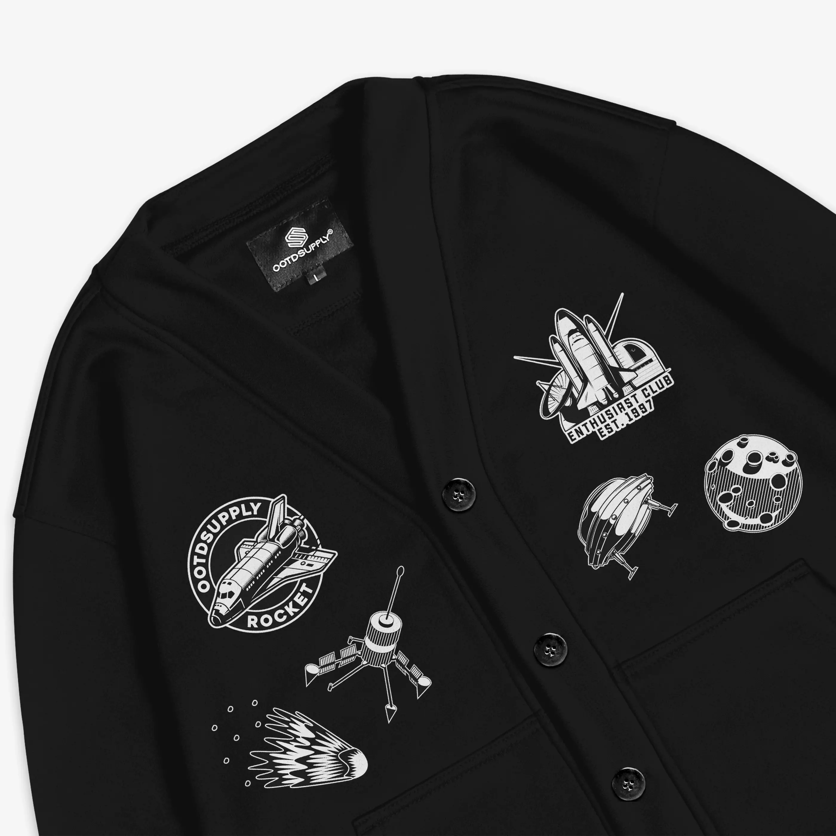 OOTDSUPPLY Unisex Cardigan Rocket Blitz Black | Outerwear Pria & Wanita CG002