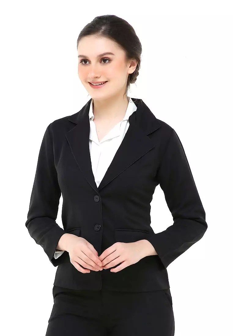 Nicrely Setelan Blazer Celana Wanita One Set Longsleeve Suit Long Pant Material Semi Stretch ORIGINAL - Black