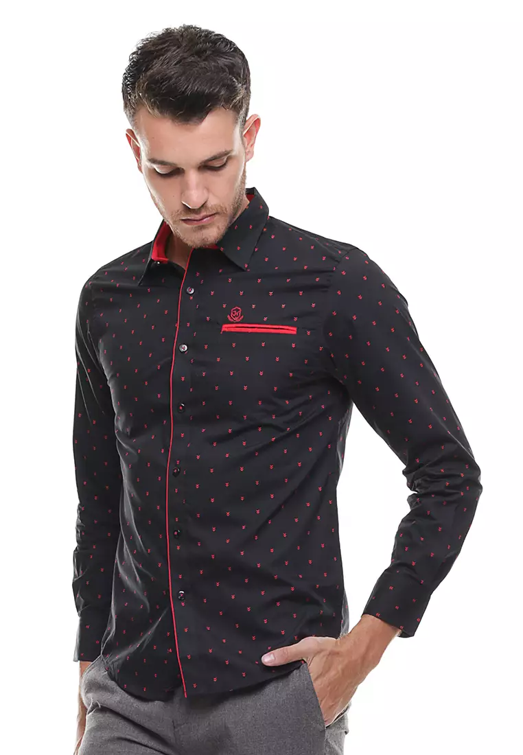 Johnwin - Kemeja Casual - Pria - Lengan Panjang - Hitam - Polkadot Merah