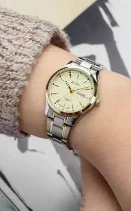 Jam Tangan Wanita Alba Prestige AN8056 AN8056X1 Strap Stainless Steel Silver Gold Color Analog Beige Dial Dual Tone Color