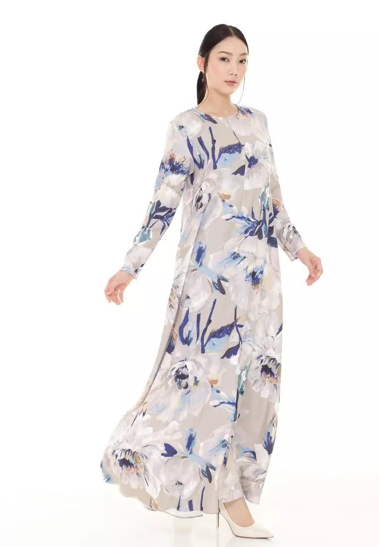 Felicia Printed Dress in Grey Blue
