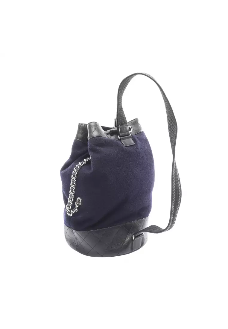 Pre-Loved Chanel embroidery drawstring Shoulder bag wool leather Navy black silver hardware