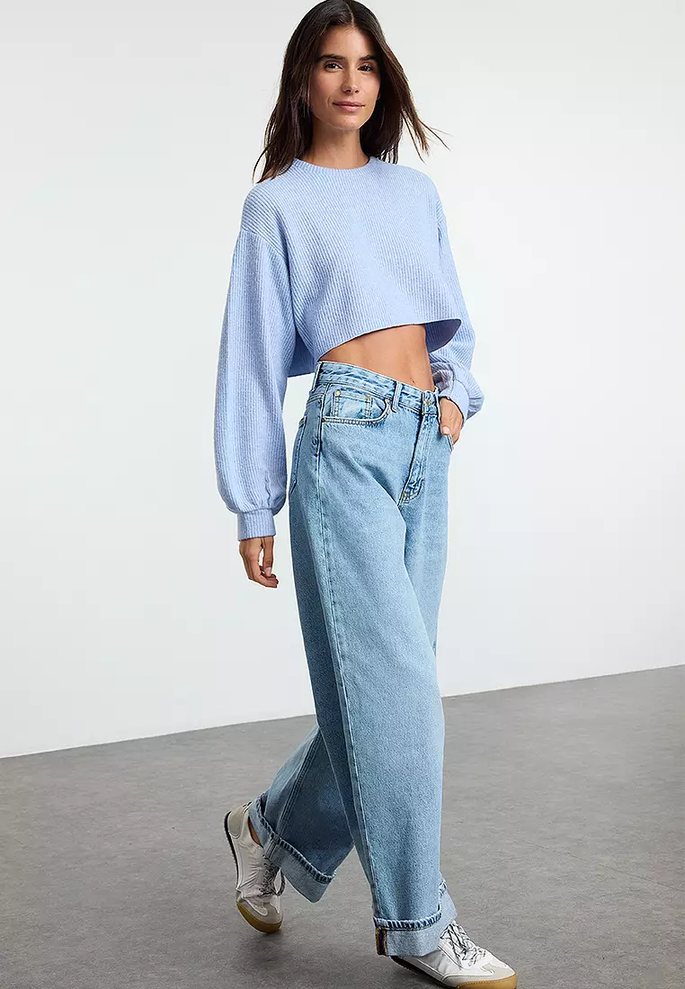 Light Blue Folded Leg Regular Waist Skater Baggy Jeans