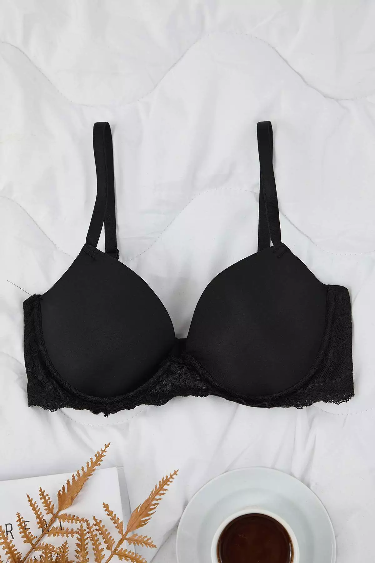 Black Micro Lace Detailed Covered T-Shirt Bra Knitted Bra Thmaw26Su1