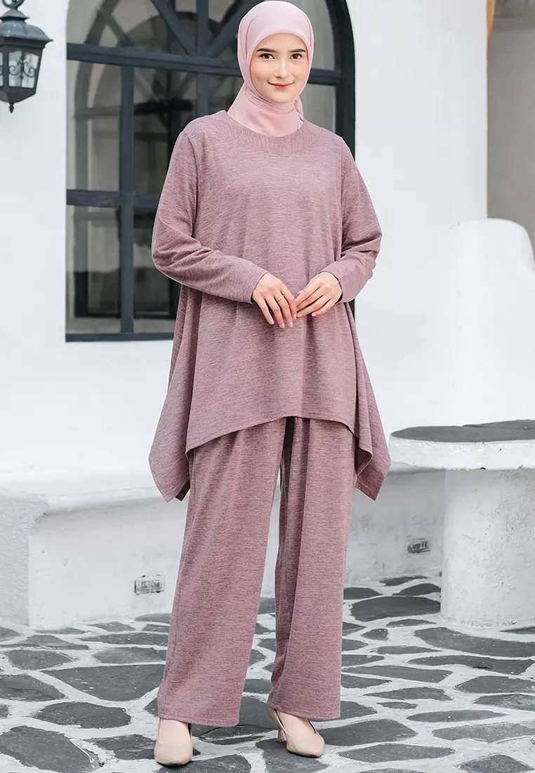 JV Hasanah Oneset Simple Pants Abstract Rosegold | Setelan Simple Layer Kanan Kiri Celana Kaos Abstrak