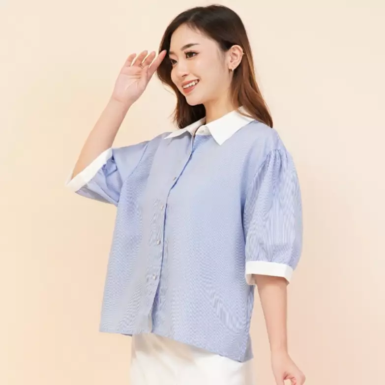 Stacie Solid Collar Stripe Shirt Love Button in Blue