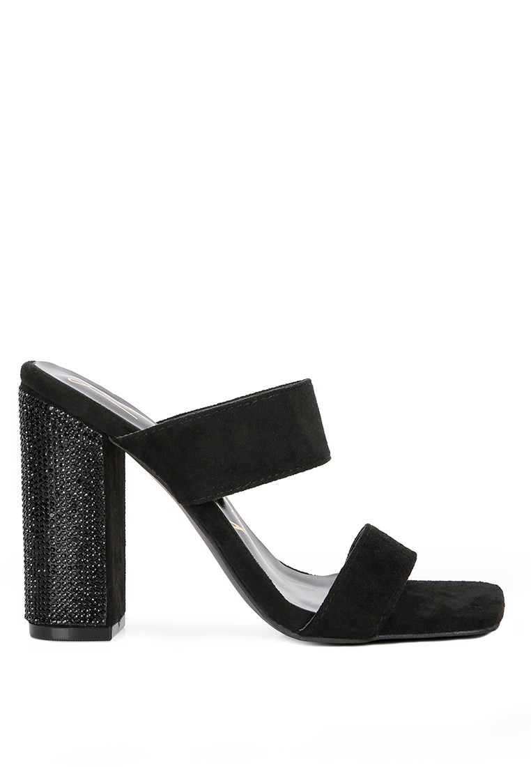 Black Diamante Set High Block Heeled Sandals