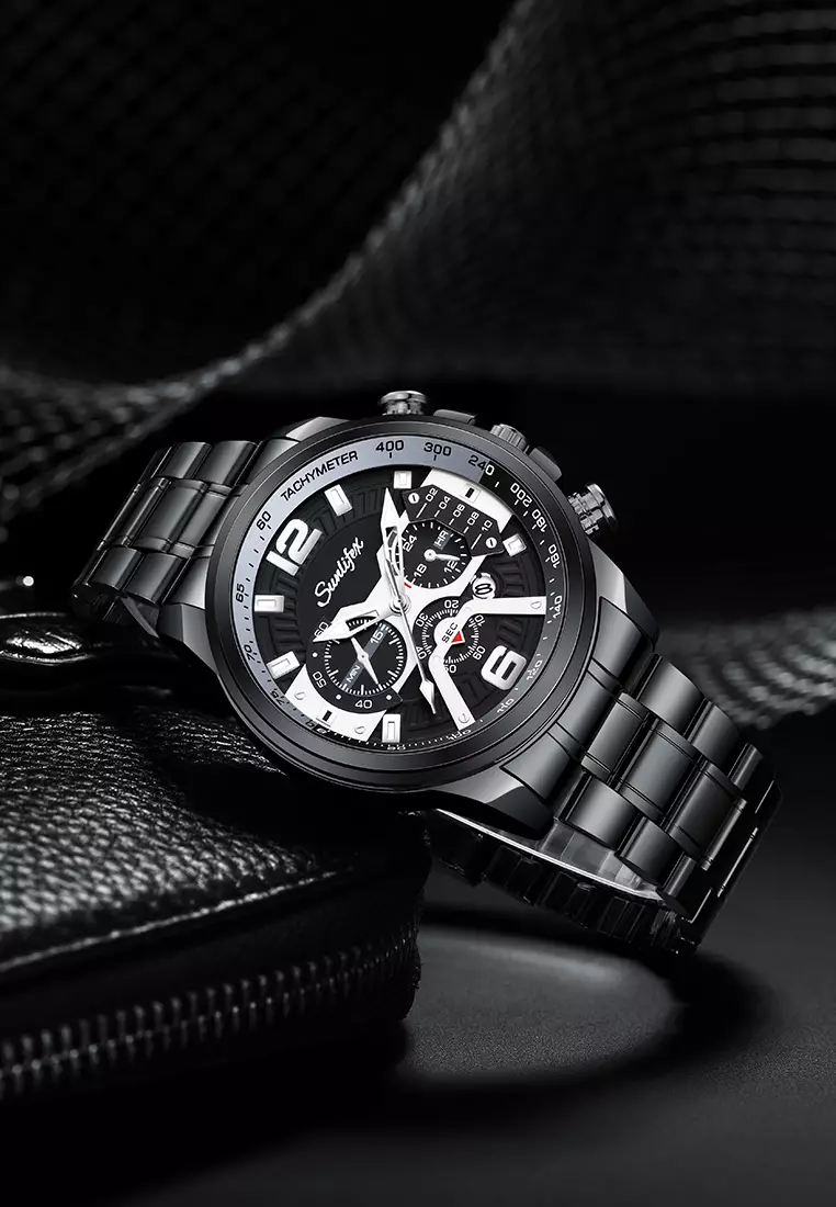 Jam Tangan Pria 9033 Kalender Kasual Kemewahan Tali Stainless Steel Anti Air Jam Tangan Cowok blacksilver