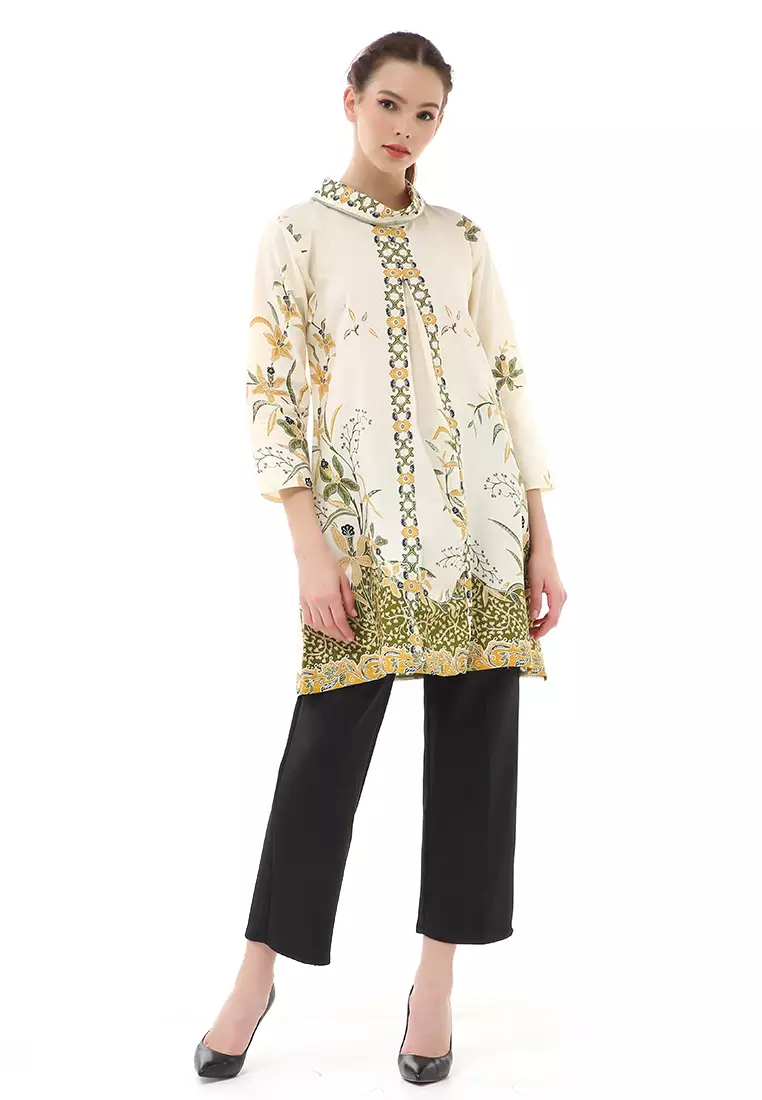Olaf Atasan Batik Wanita Tunik Traditional Motive Elegant Design Material Cotton ORIGINAL - White Green