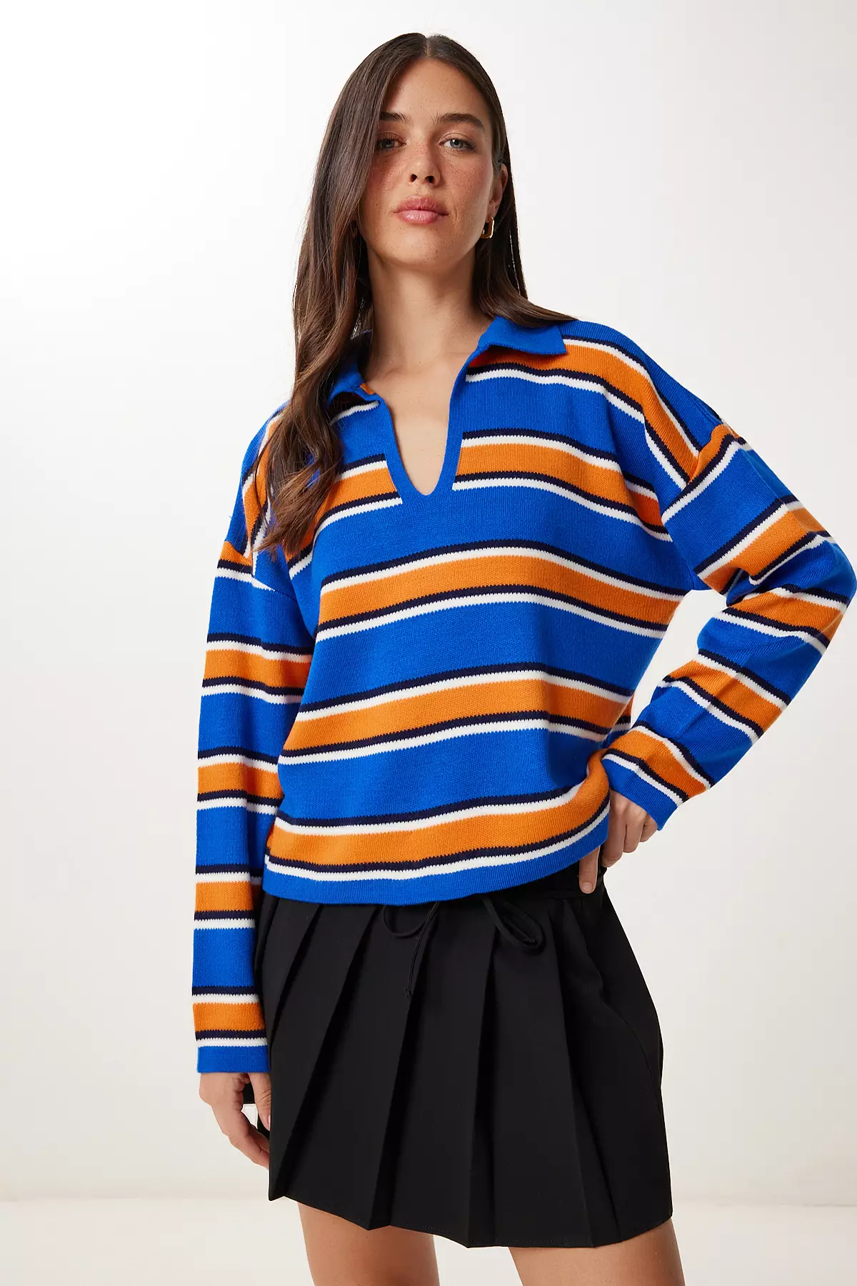 Jual Happiness Istanbul Women's Blue Orange Polo Neck Striped