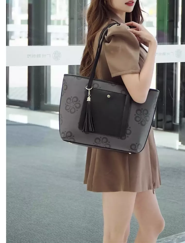 3-in-1 Women's Monogram Tote Bag + Sling Bag + Pouch (3-in-1 - Tas Jinjing + Tas Selempang + Kantong Wanita) - Hitam