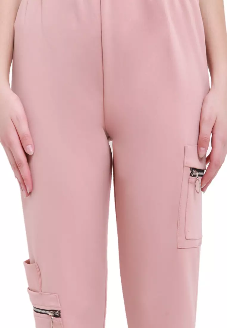 Levana Celana Jogger Zipper Long Pants Rubbery Waist Bawahan Wanita - Dusty Pink