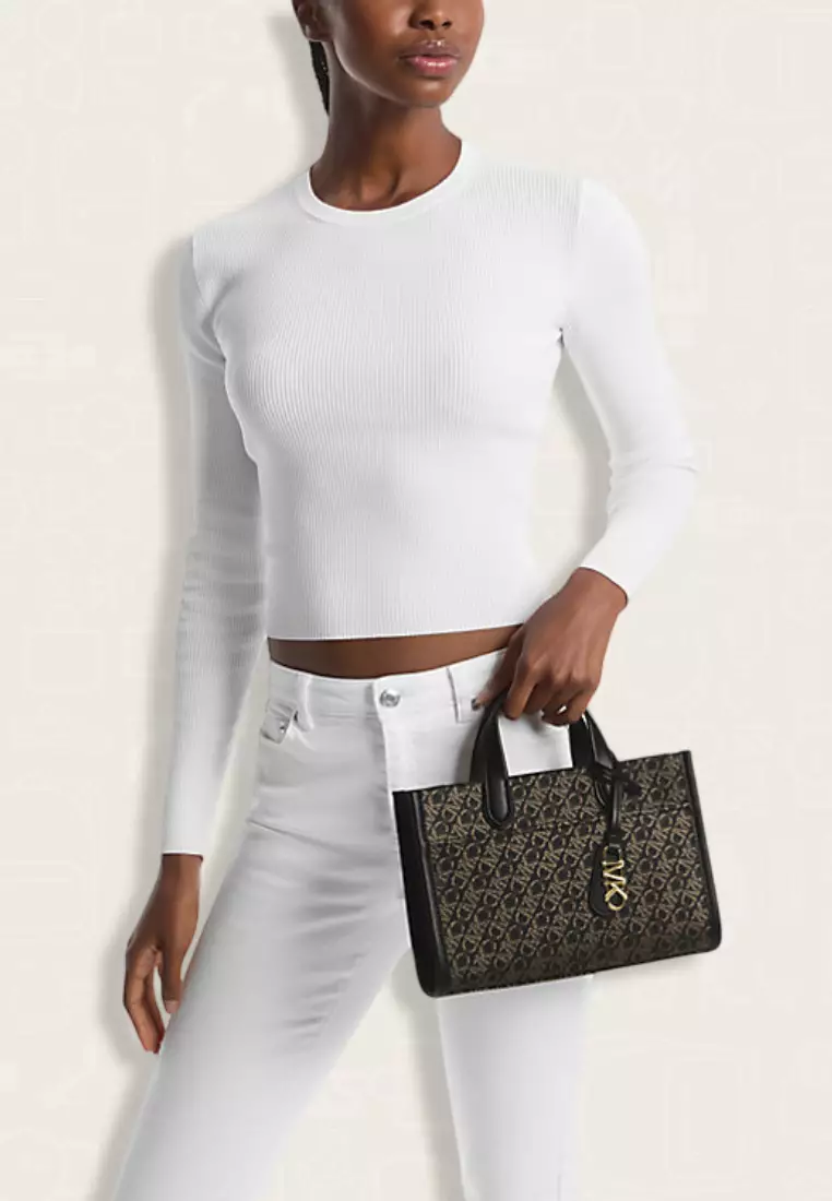 Michael Kors Gigi Small Metallic Empire Signature Logo Messenger Bag Black