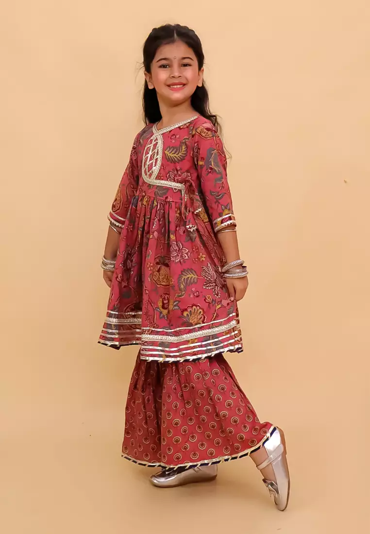 The Mom Store Aangan Aabha Block Print Girls Anarkali Sharara Set - Multi