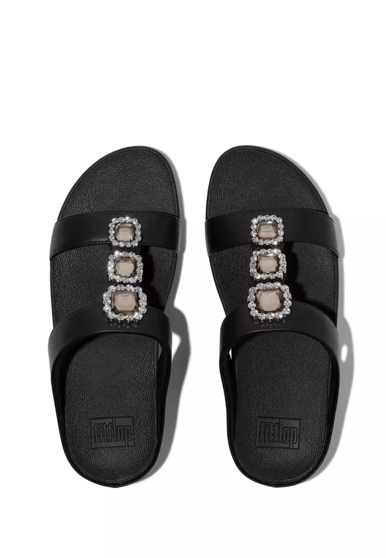 FitFlop FINO Crystal-Jewel H-Bar Slides - Black (E1L-001)